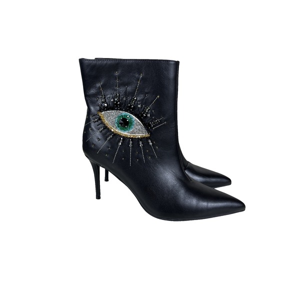 Kurt Geiger Belgravia Eye Black Leather Boot Stiletto Heel Women Size EU 40 US 9 - Picture 1 of 14